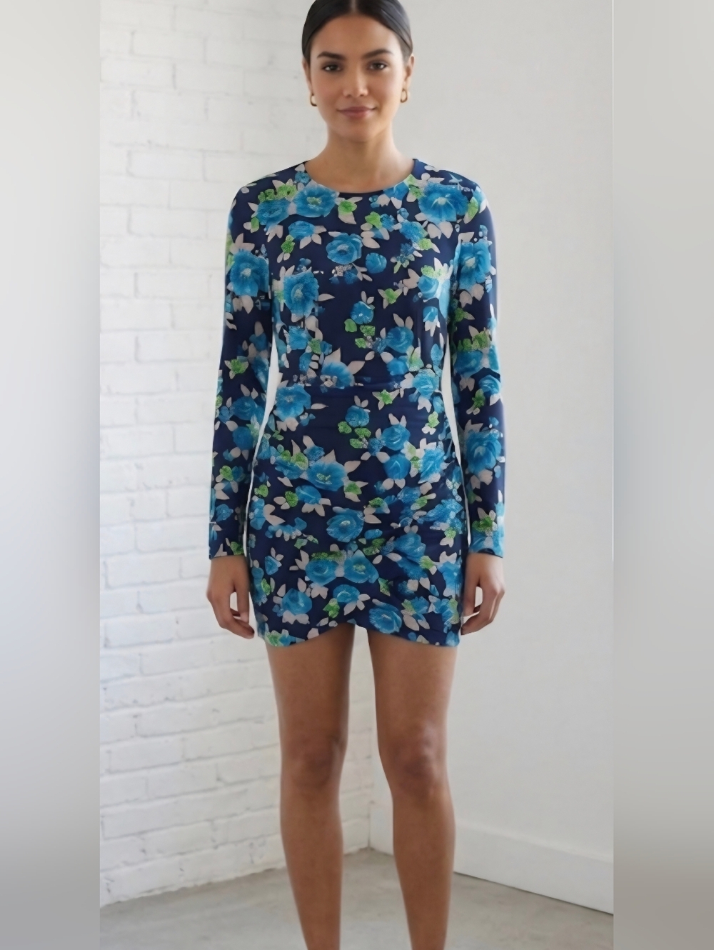 ✨Zara Floral Open Back Long Sleeve Mini Dress - Blue & Black Bodycon Size XSmall